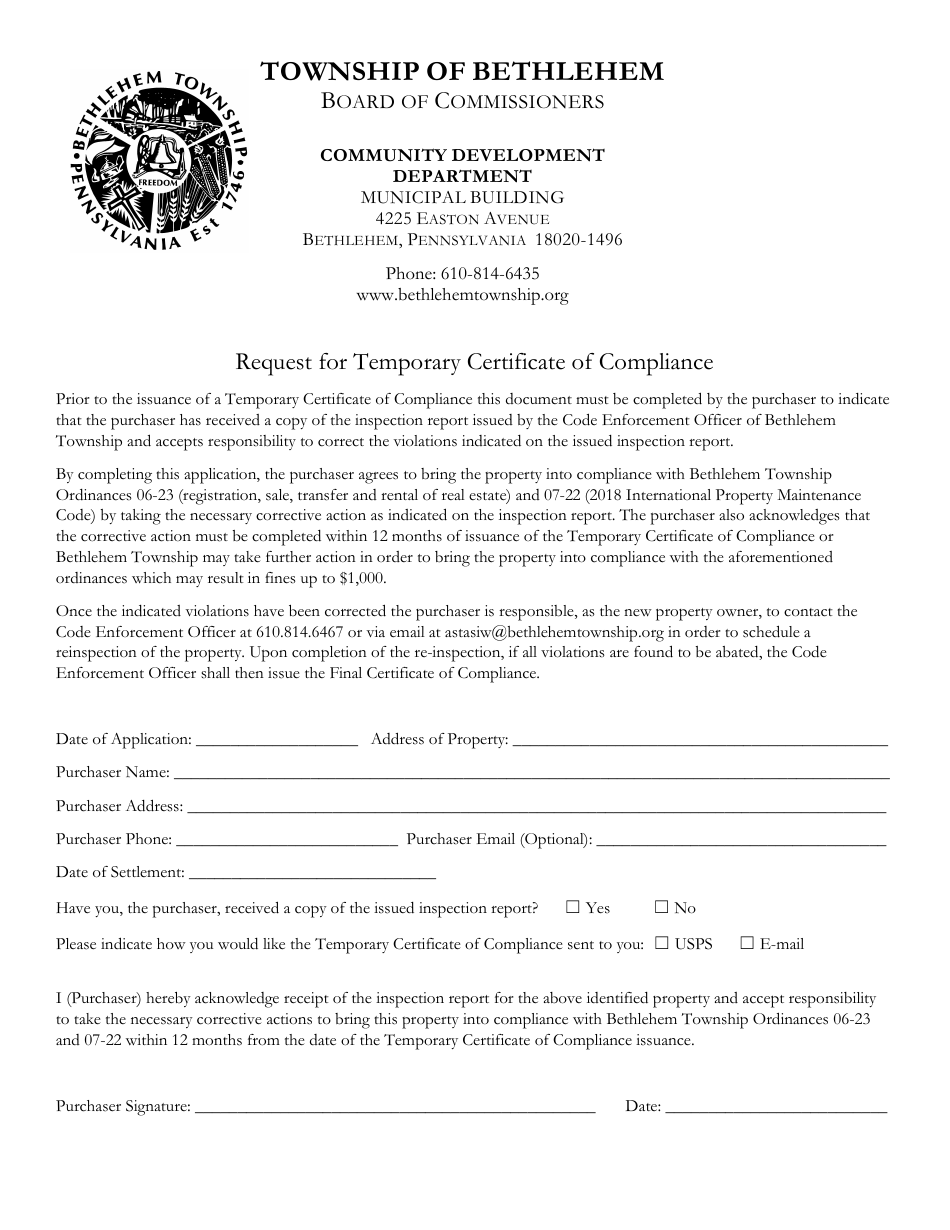 Request for Temporary Certificate of Compliance - Bethlehem Township, Pennsylvania, Page 1