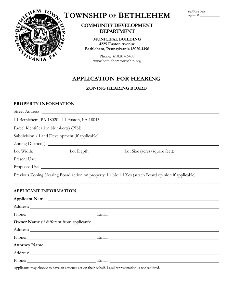 Bethlehem Township, Pennsylvania Application for Hearing Zoning