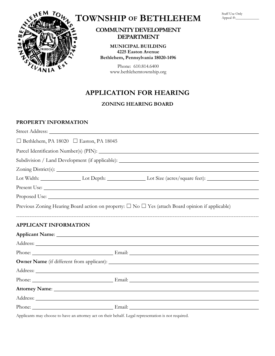 Application for Hearing - Zoning Hearing Board - Bethlehem Township, Pennsylvania, Page 1