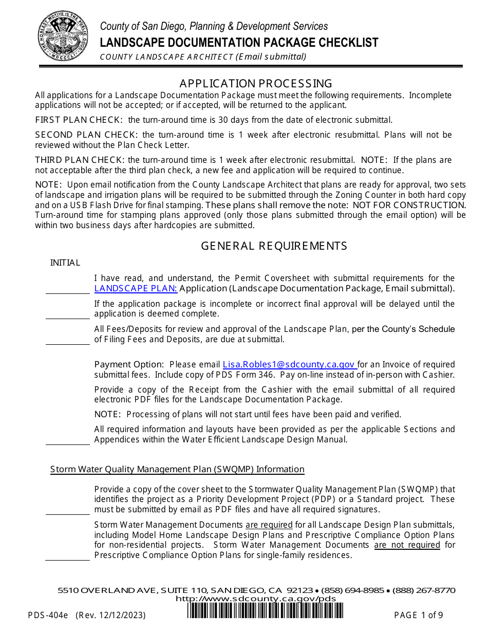 Form PDS-404E Landscape Documentation Package Checklist - County Landscape Architect (Email Submittal) - County of San Diego, California, Page 1