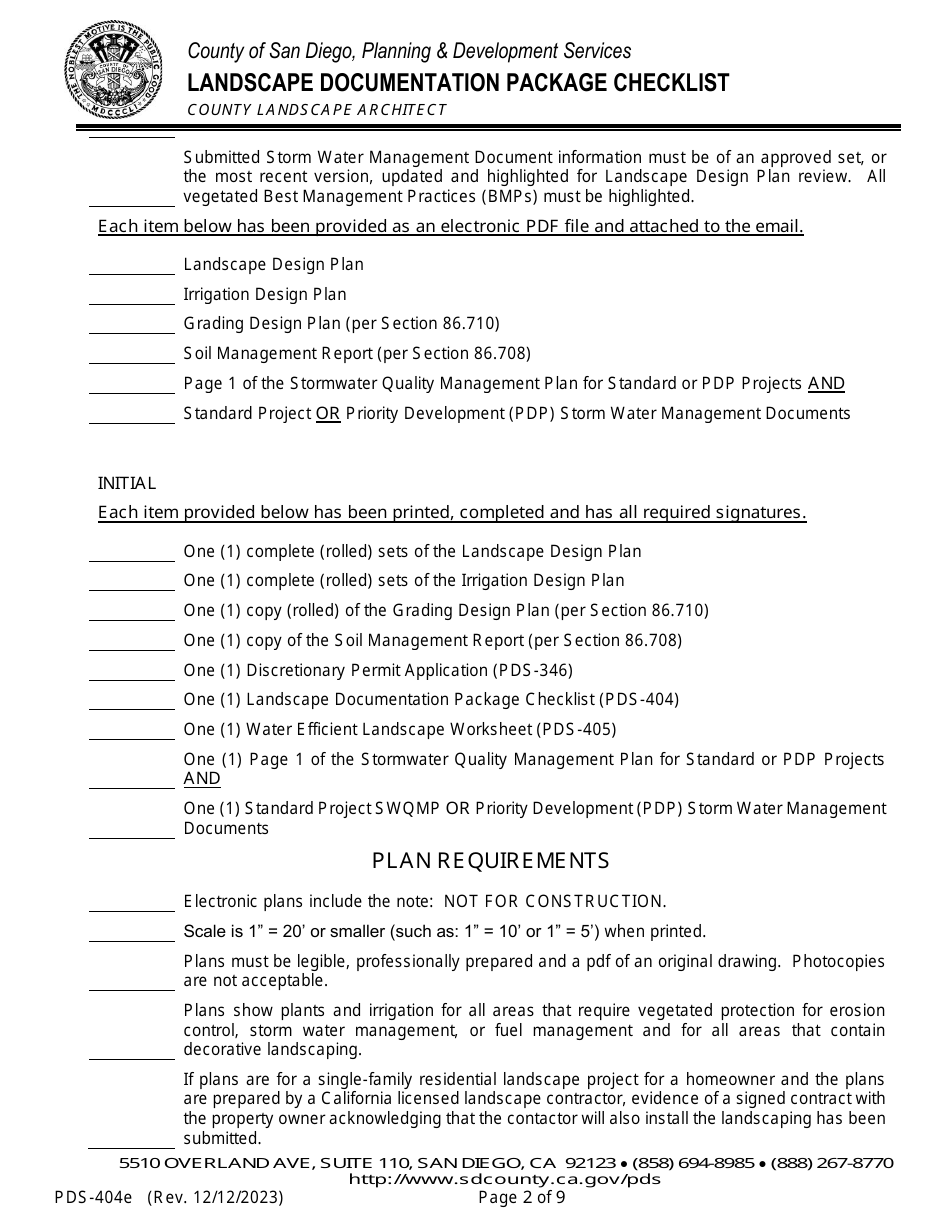Form PDS-404E Landscape Documentation Package Checklist - County Landscape Architect (Email Submittal) - County of San Diego, California, Page 2