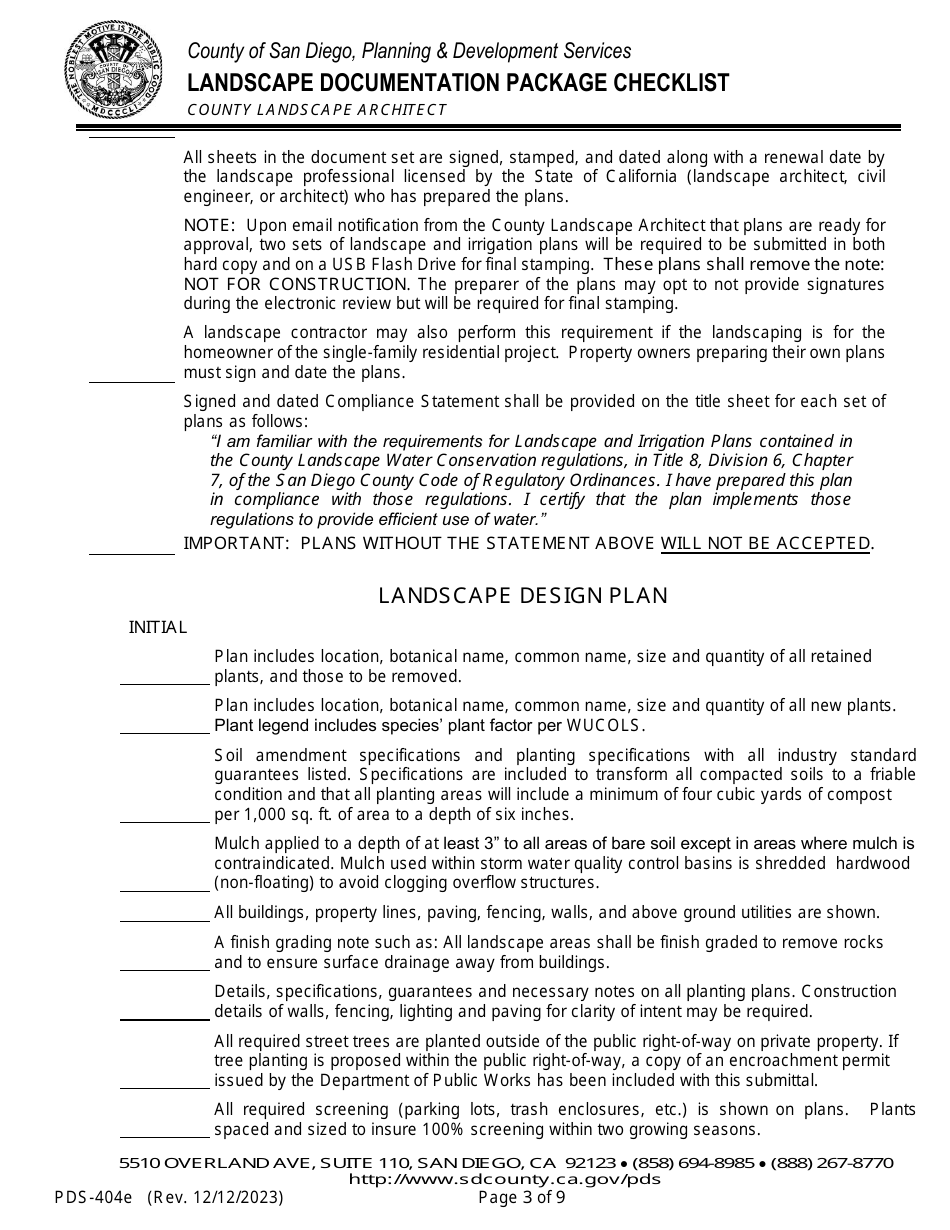 Form PDS-404E Landscape Documentation Package Checklist - County Landscape Architect (Email Submittal) - County of San Diego, California, Page 3