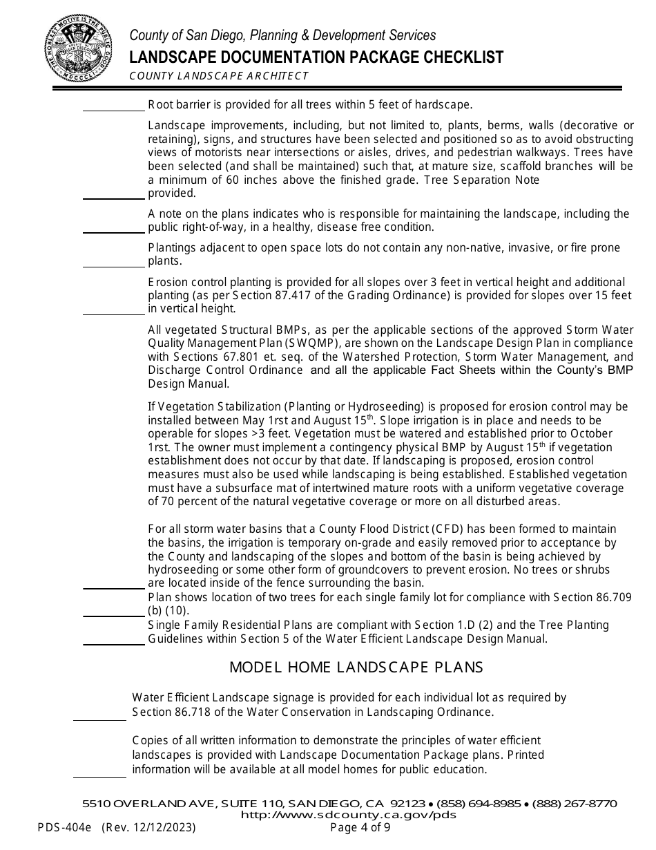 Form PDS-404E Landscape Documentation Package Checklist - County Landscape Architect (Email Submittal) - County of San Diego, California, Page 4