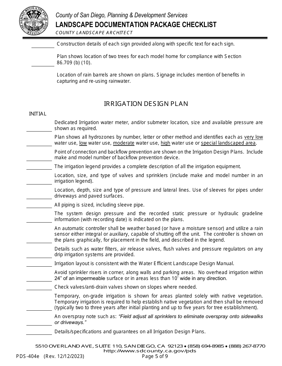 Form PDS-404E Landscape Documentation Package Checklist - County Landscape Architect (Email Submittal) - County of San Diego, California, Page 5