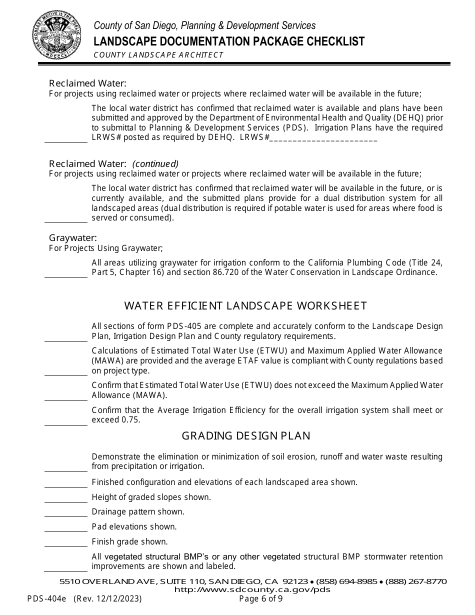 Form PDS-404E Landscape Documentation Package Checklist - County Landscape Architect (Email Submittal) - County of San Diego, California, Page 6