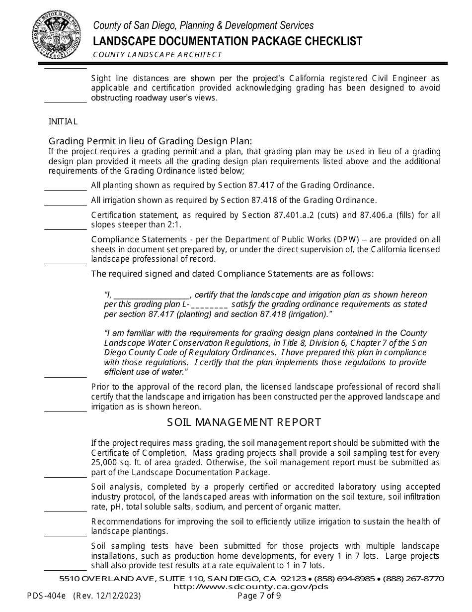 Form PDS-404E Landscape Documentation Package Checklist - County Landscape Architect (Email Submittal) - County of San Diego, California, Page 7