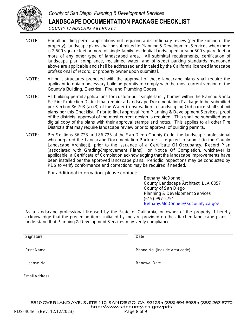 Form PDS-404E Landscape Documentation Package Checklist - County Landscape Architect (Email Submittal) - County of San Diego, California, Page 8