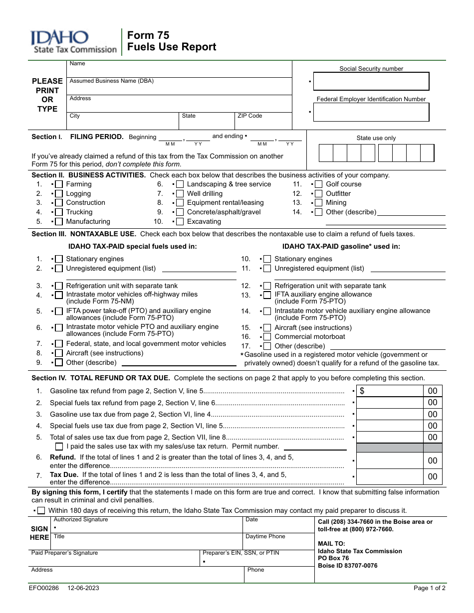 Form 75 (EFO00286) Fuels Use Report - Idaho, Page 1