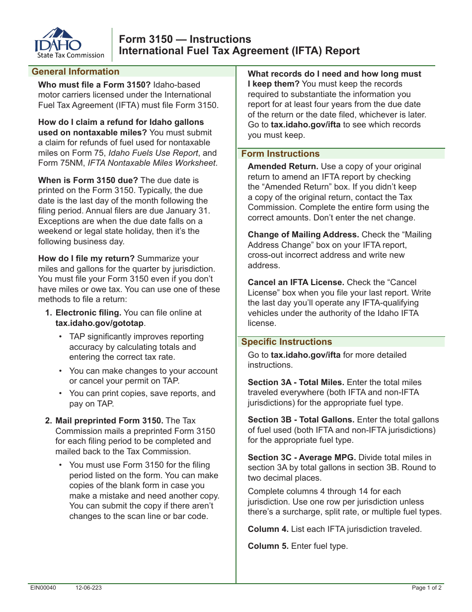 Download Instructions For Form 3150 International Fuel Tax Agreement Ifta Report Pdf 2022 5131