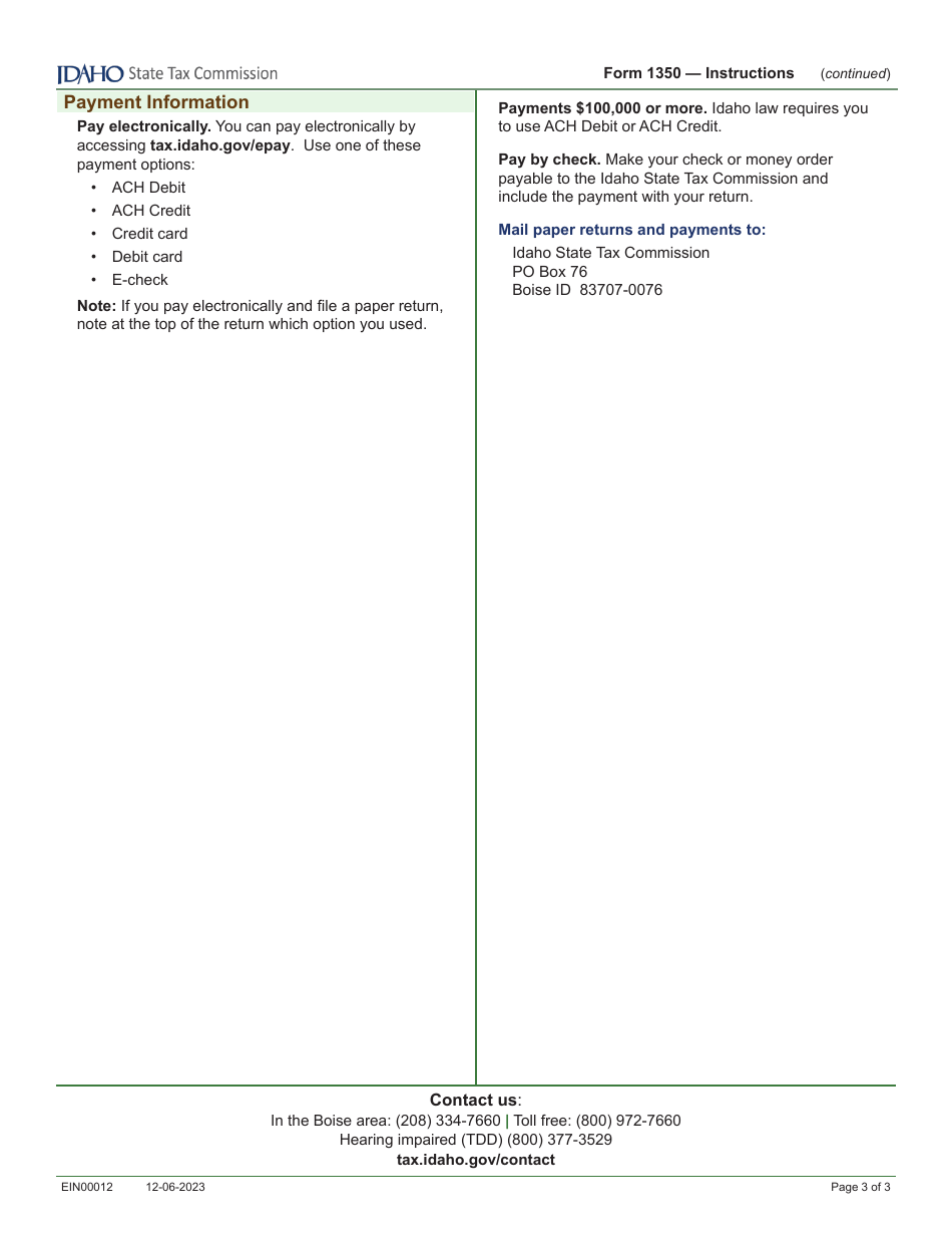 Instructions for Form 1350 Tobacco Tax Return - Idaho, Page 3