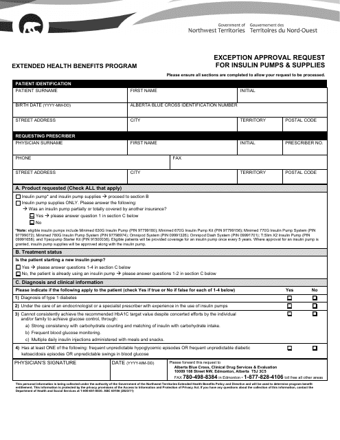 Form ABC60108 Exception Approval Request for Insulin Pumps & Supplies - Extended Health Benefits Program - Northwest Territories, Canada
