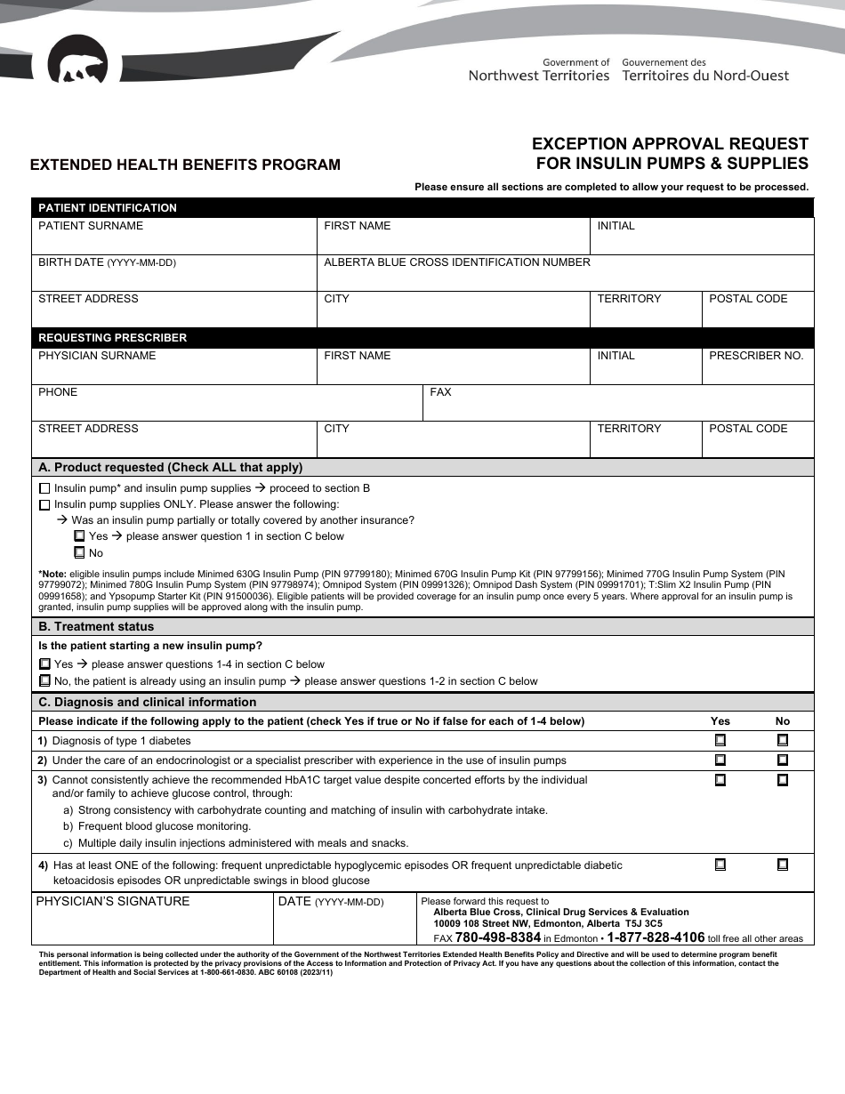 Form ABC60108 Exception Approval Request for Insulin Pumps  Supplies - Extended Health Benefits Program - Northwest Territories, Canada, Page 1