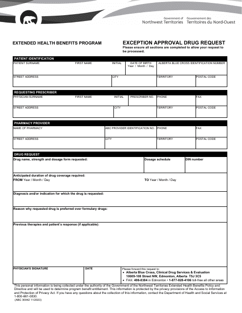 Form ABC30942 Exception Approval Drug Request - Extended Health Benefits Program - Northwest Territories, Canada