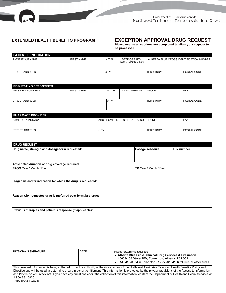 Form ABC30942 Exception Approval Drug Request - Extended Health Benefits Program - Northwest Territories, Canada, Page 1