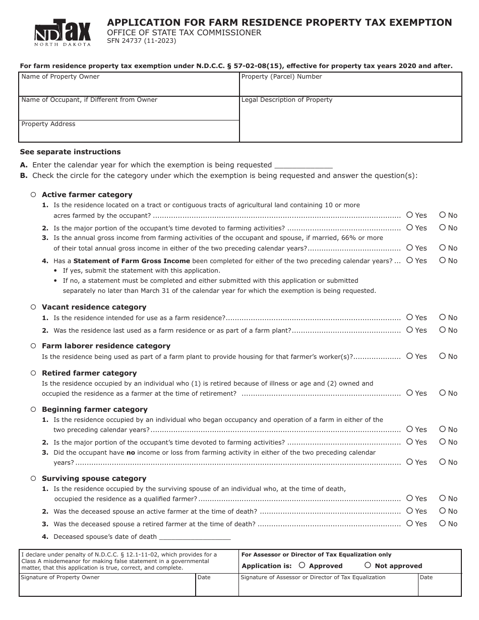 Form SFN24737 Application for Farm Residence Property Tax Exemption - North Dakota, Page 1