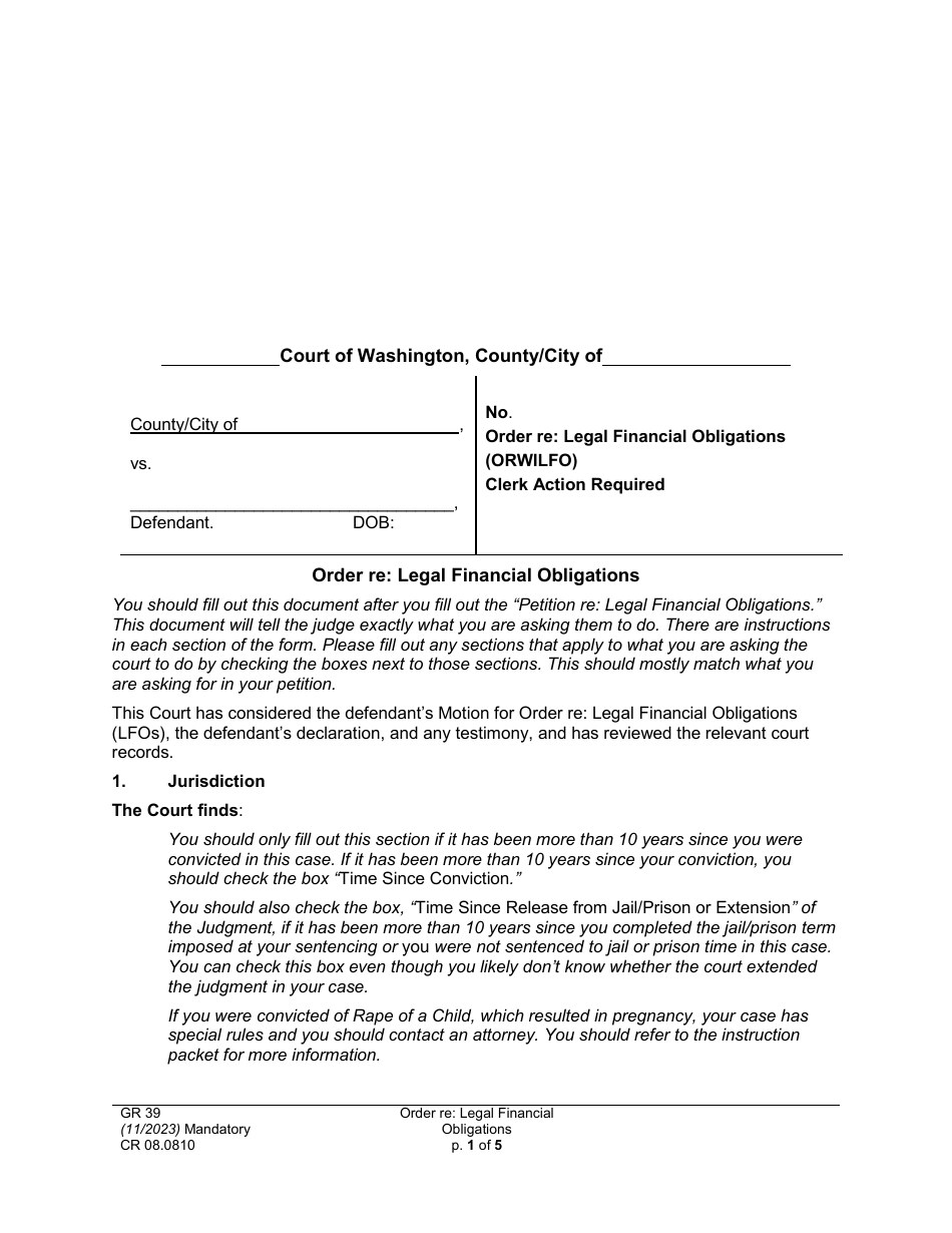 Form CR08.0810 Order Re: Legal Financial Obligations - Washington, Page 1