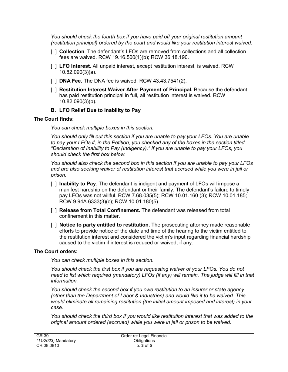 Form CR08.0810 Order Re: Legal Financial Obligations - Washington, Page 3