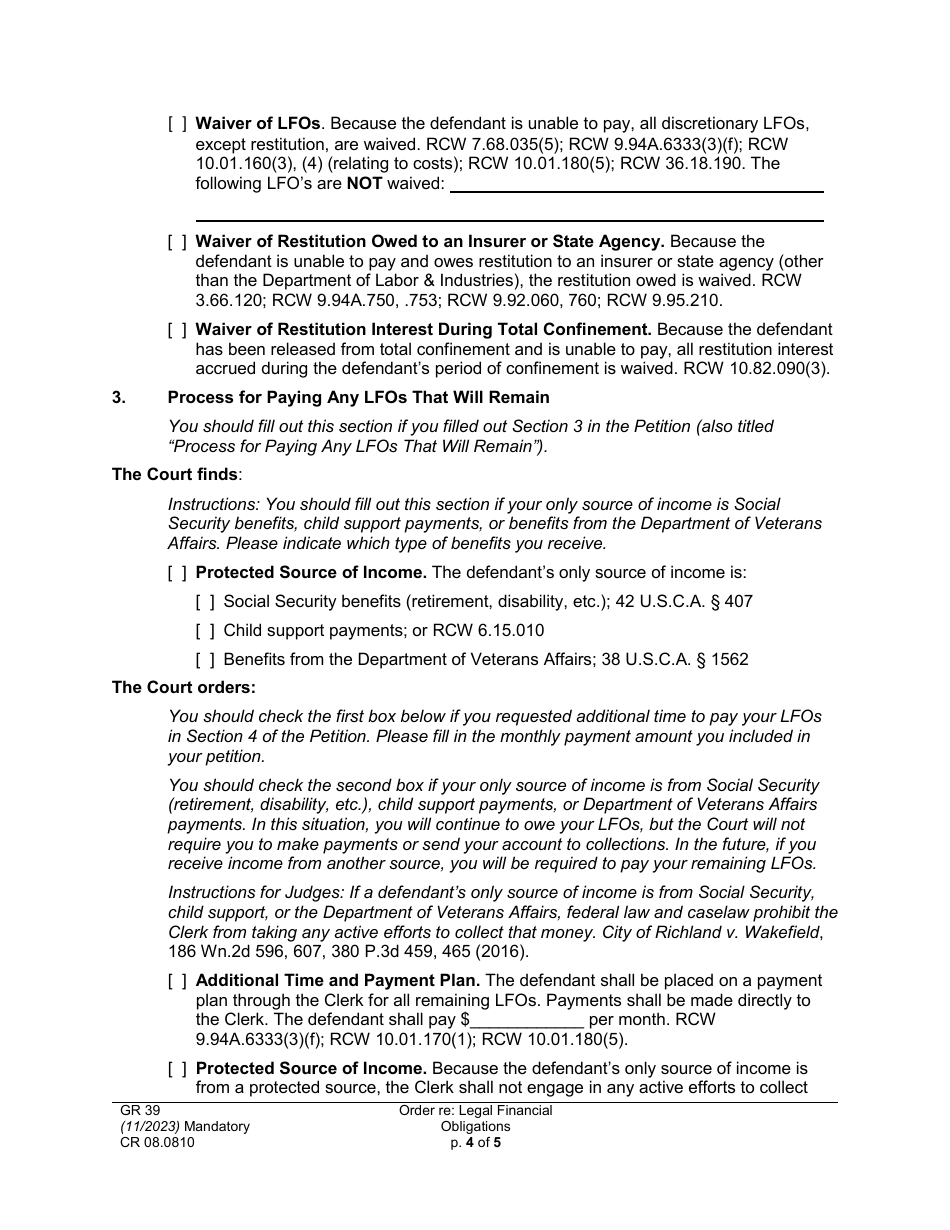 Form CR08.0810 Order Re: Legal Financial Obligations - Washington, Page 4