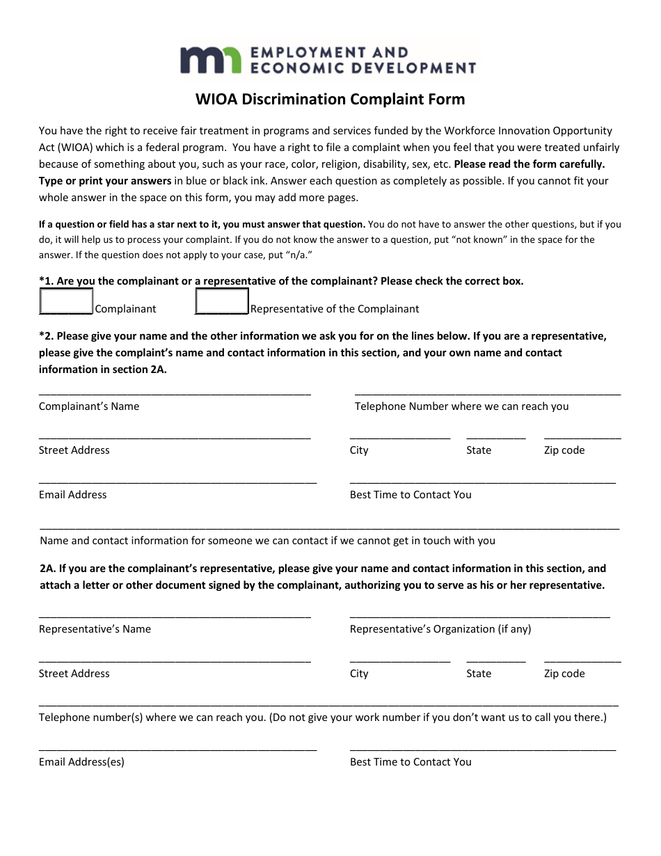 Wioa Discrimination Complaint Form - Minnesota, Page 1