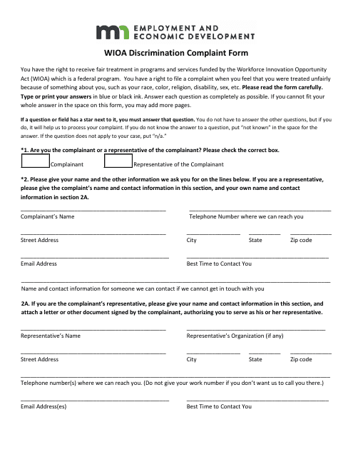 Wioa Discrimination Complaint Form - Minnesota Download Pdf