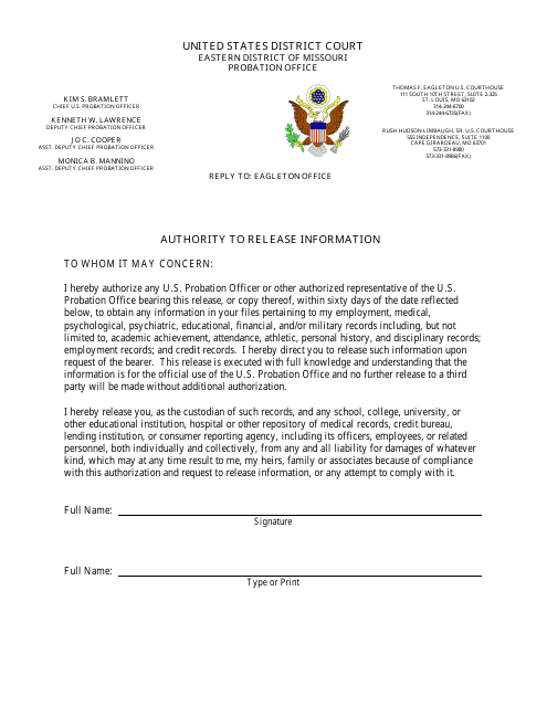 Authority to Release Information - Missouri Download Pdf