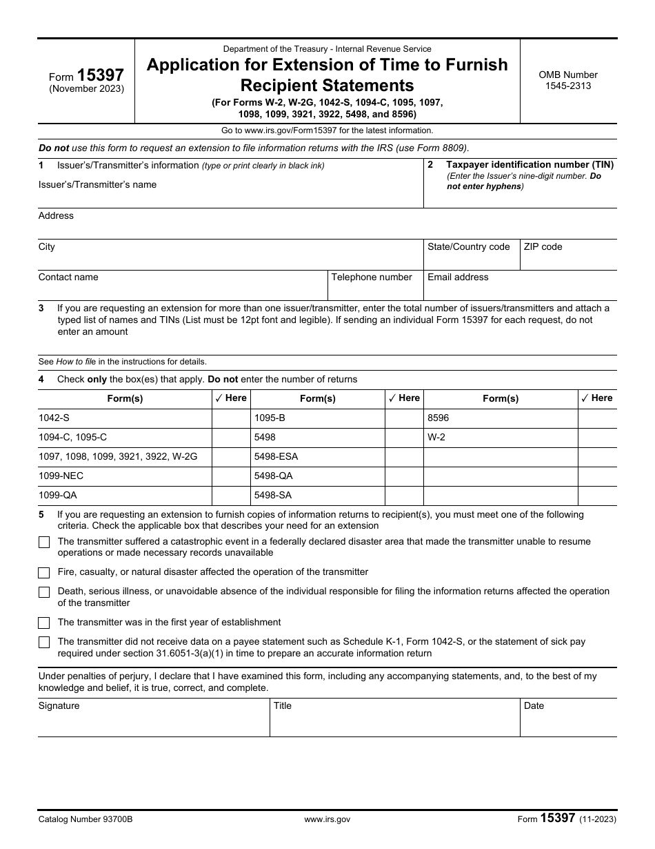 IRS Form 15397 Application for Extension of Time to Furnish Recipient Statements, Page 1