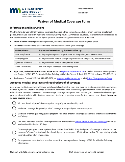 Form MMB-EIE-0046 Waiver of Medical Coverage Form - Minnesota