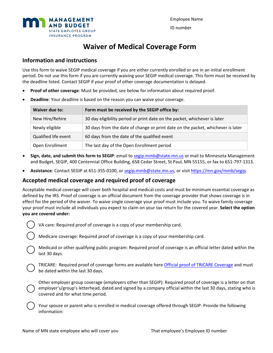 Form MMB-EIE-0046 Waiver of Medical Coverage Form - Minnesota, Page 1