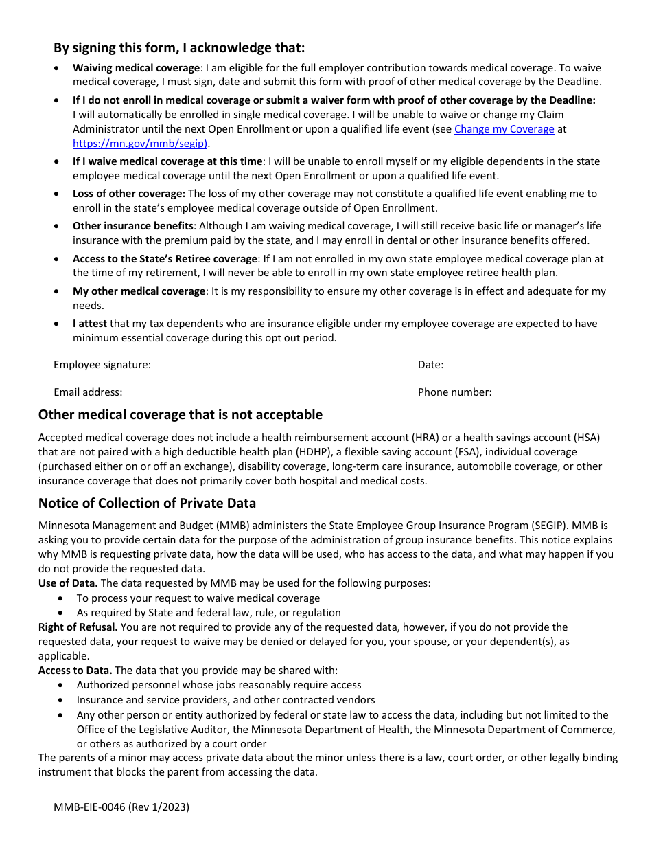 Form MMB-EIE-0046 Waiver of Medical Coverage Form - Minnesota, Page 2