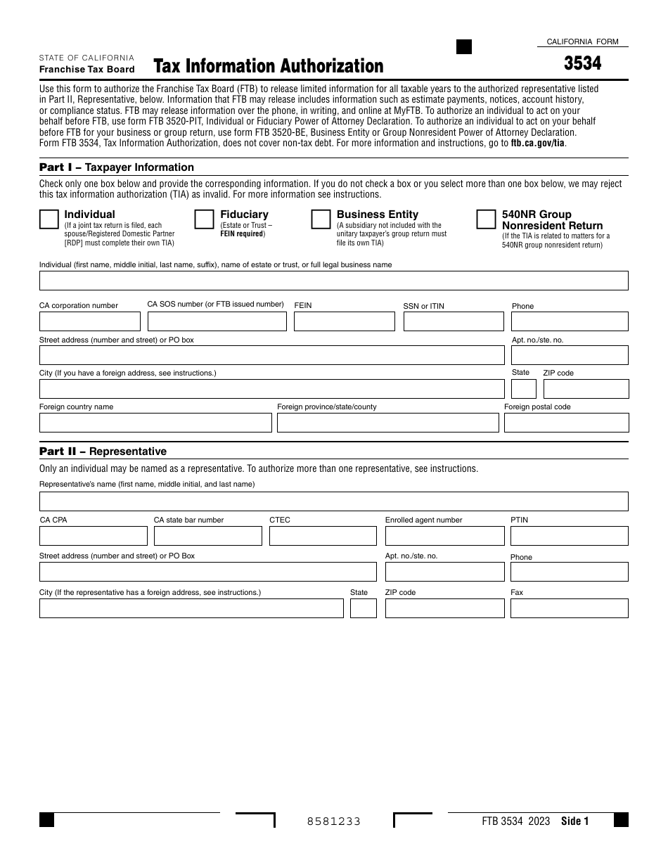 Form FTB3534 Download Fillable PDF or Fill Online Tax Information