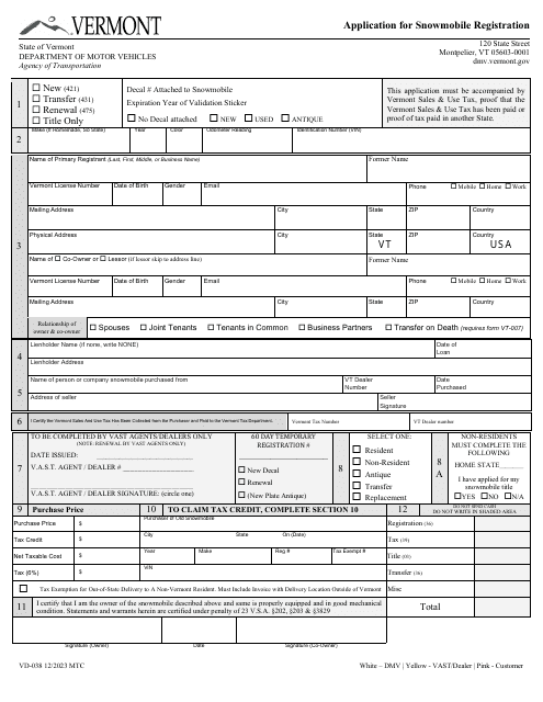 Form VD-038 Application for Snowmobile Registration - Vermont