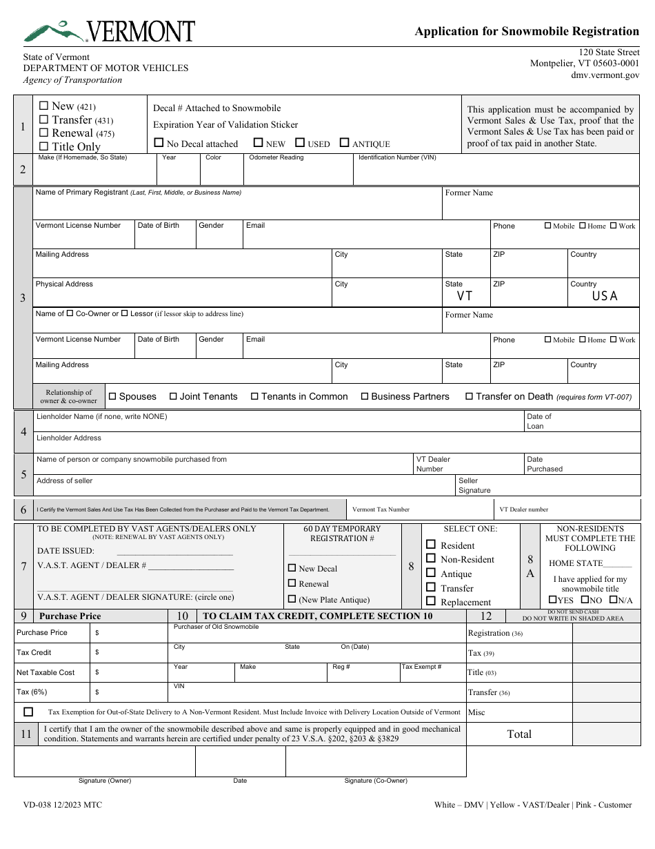 Form VD038 Download Fillable PDF or Fill Online Application for
