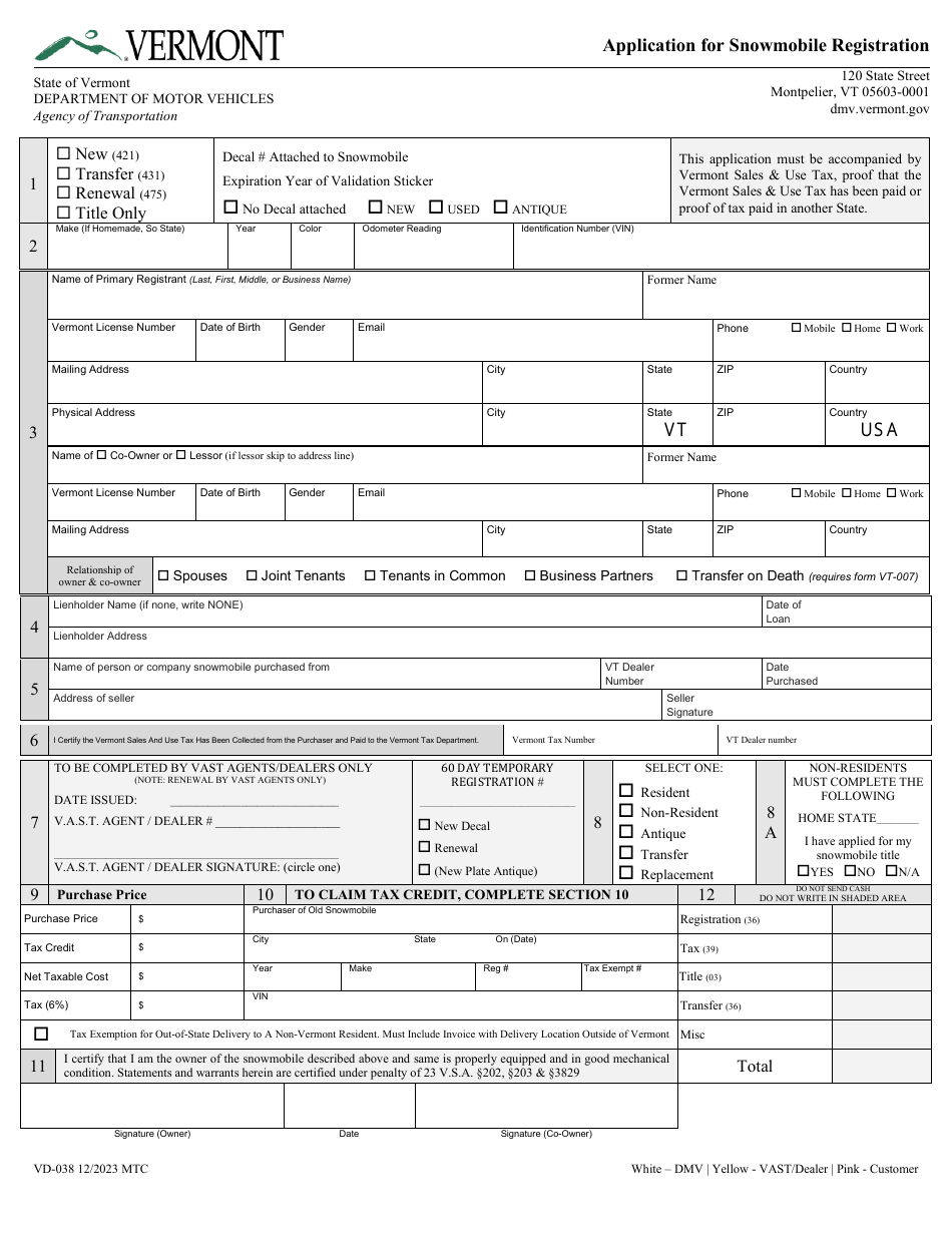 Form VD-038 Application for Snowmobile Registration - Vermont, Page 1