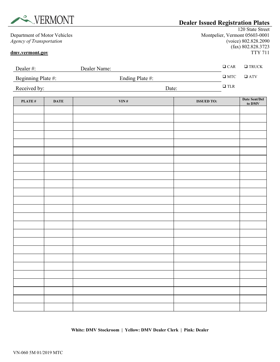 Form VN-060 Dealer Issued Registration Plates - Vermont, Page 1