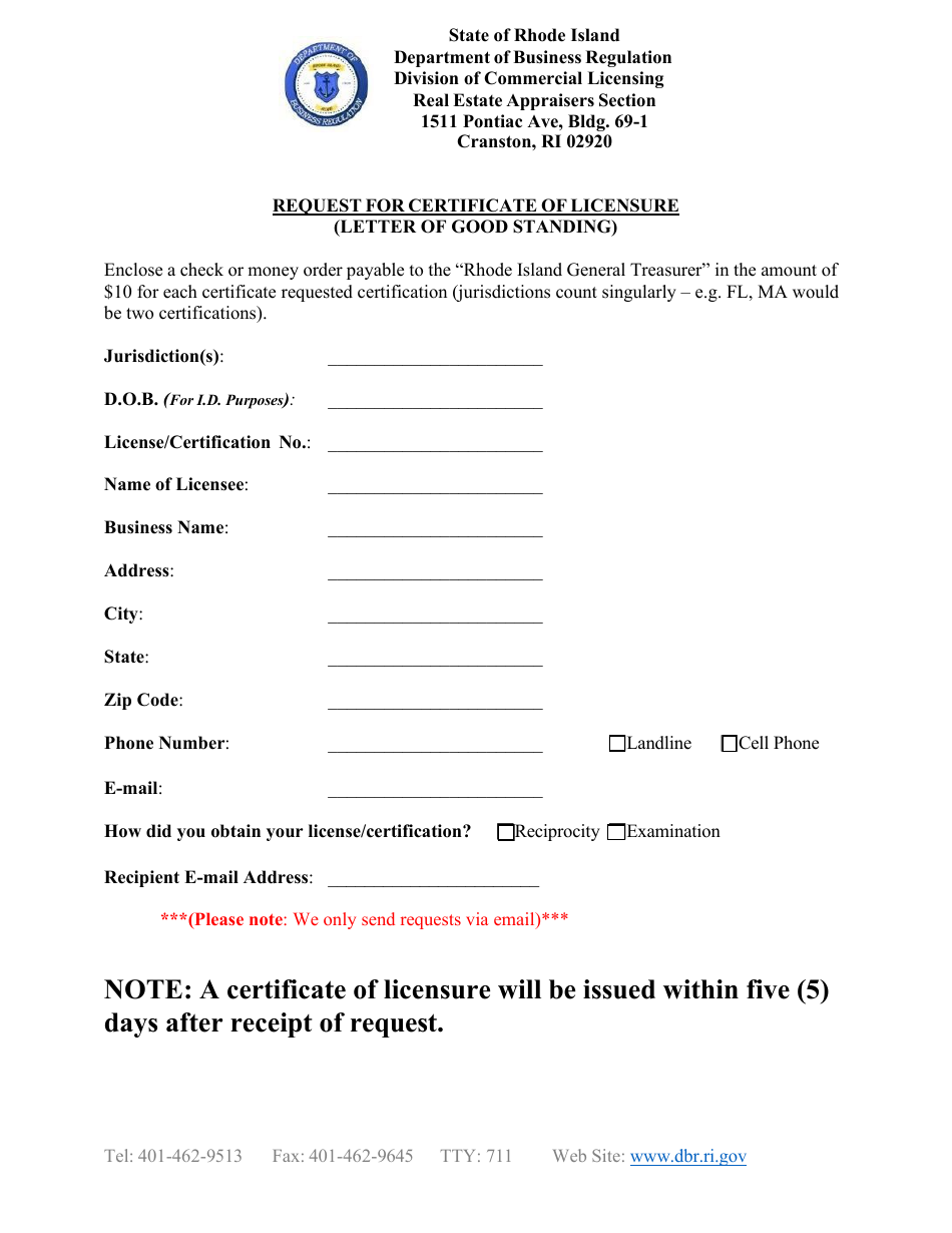 Request for Certificate of Licensure (Letter of Good Standing) - Rhode Island, Page 1