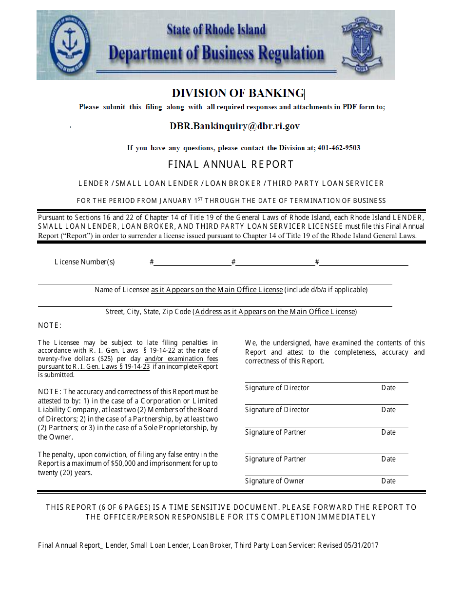 Final Annual Report - Lender / Small Loan Lender / Loan Broker / Third Party Loan Servicer - Rhode Island, Page 2