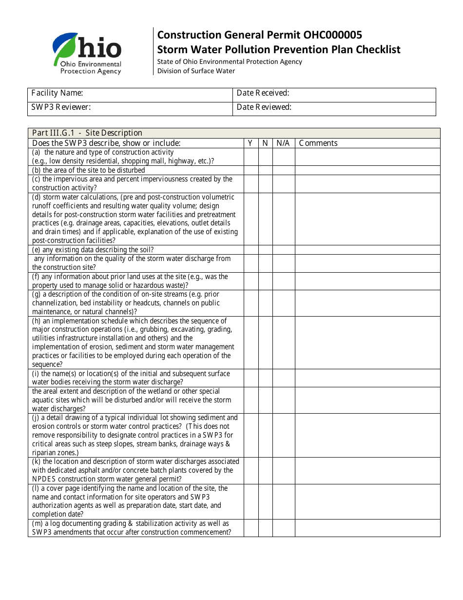 Construction General Permit Ohc000005 - Storm Water Pollution Prevention Plan Checklist - Ohio, Page 1