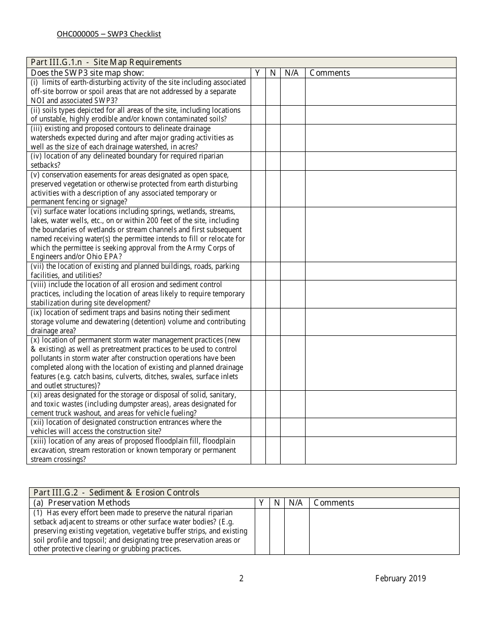 Construction General Permit Ohc000005 - Storm Water Pollution Prevention Plan Checklist - Ohio, Page 2