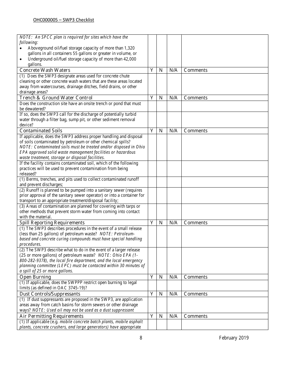 Construction General Permit Ohc000005 - Storm Water Pollution Prevention Plan Checklist - Ohio, Page 8