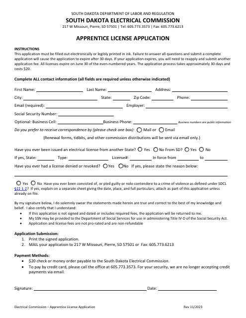 Apprentice License Application - South Dakota