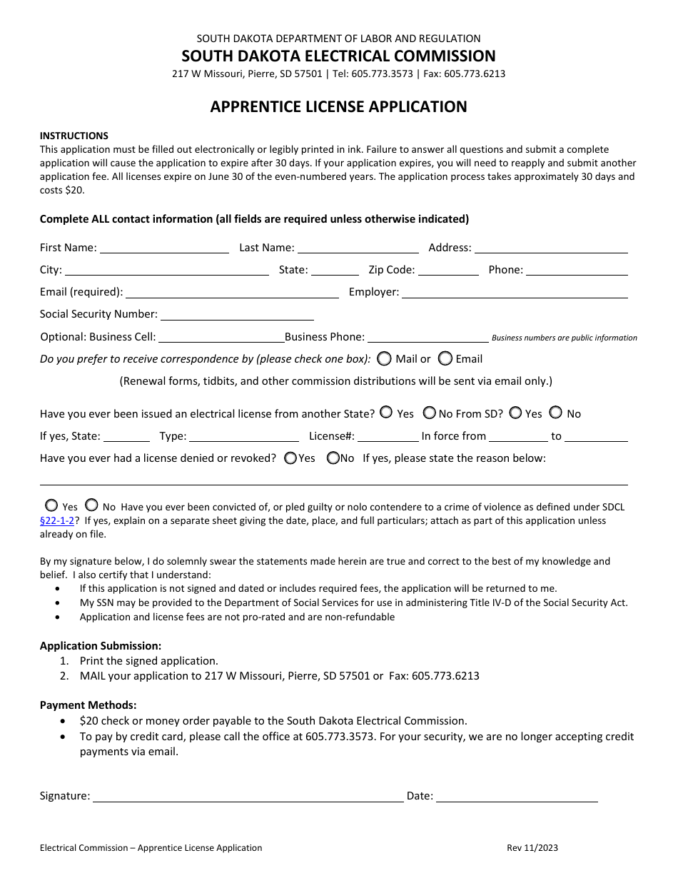 Apprentice License Application - South Dakota, Page 1