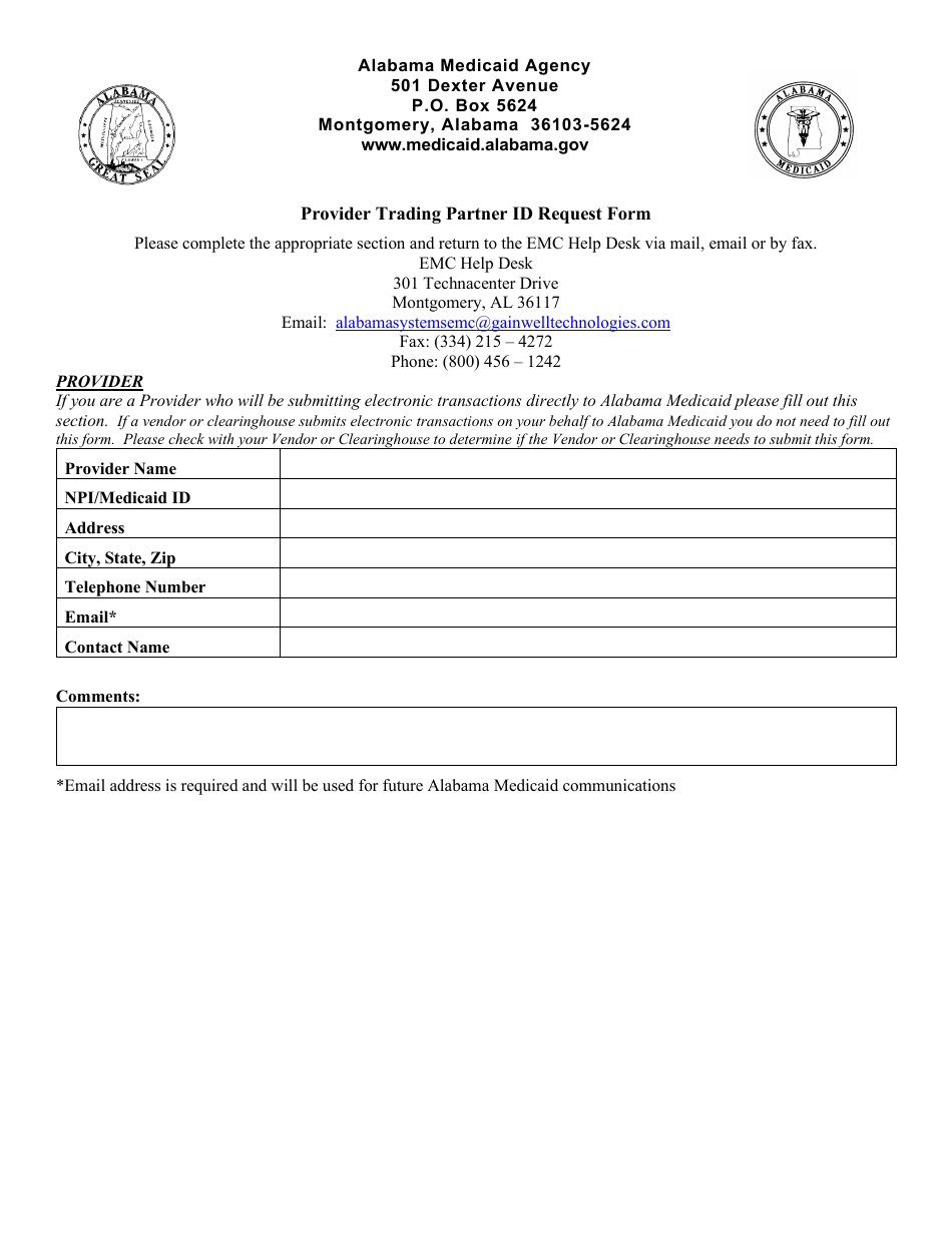 Provider Trading Partner Id Request Form - Alabama, Page 1