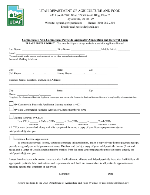 Commercial/Non-commercial Pesticide Applicator Application and Renewal Form - Utah