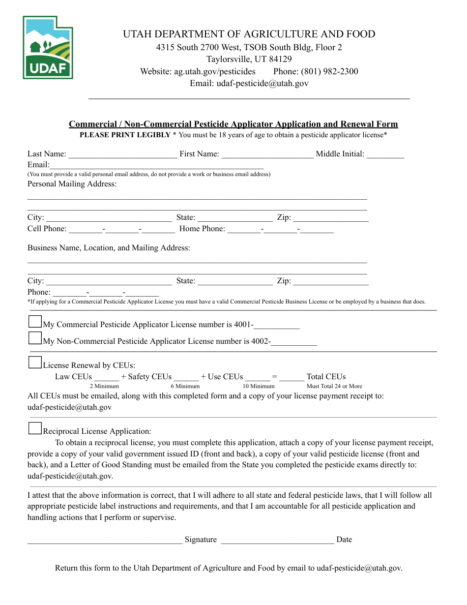 Commercial / Non-commercial Pesticide Applicator Application and Renewal Form - Utah, Page 1