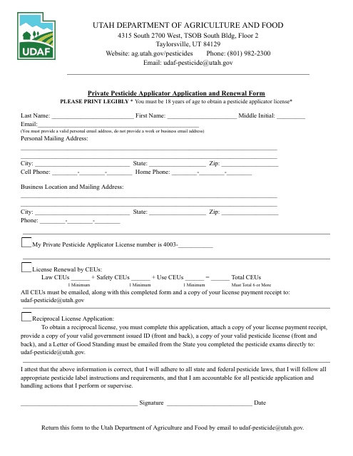 Private Pesticide Applicator Application and Renewal Form - Utah Download Pdf