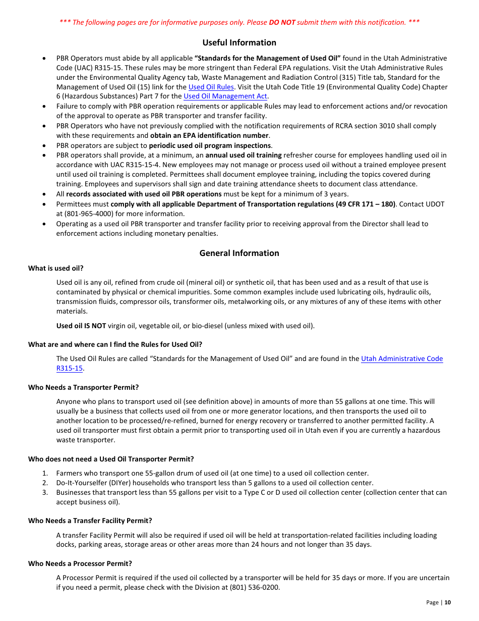 Used Oil Permit by Rule Transporter and Transfer Facility Notification - Utah, Page 10