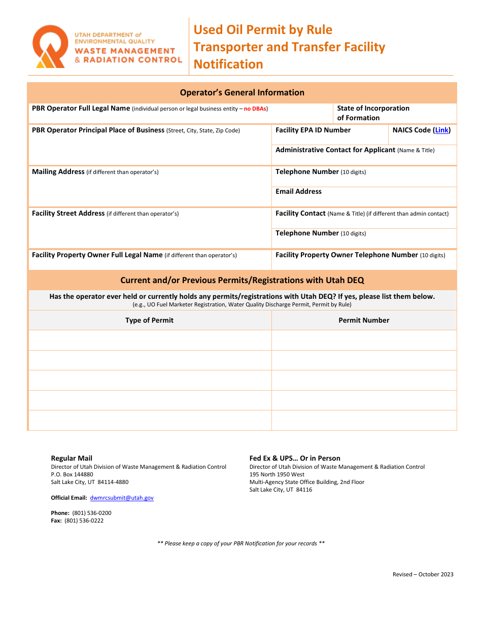 Used Oil Permit by Rule Transporter and Transfer Facility Notification - Utah, Page 1