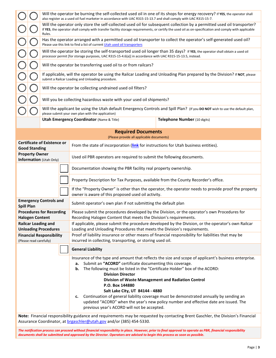 Used Oil Permit by Rule Transporter and Transfer Facility Notification - Utah, Page 3
