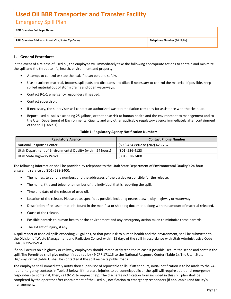 Used Oil Permit by Rule Transporter and Transfer Facility Notification - Utah, Page 5