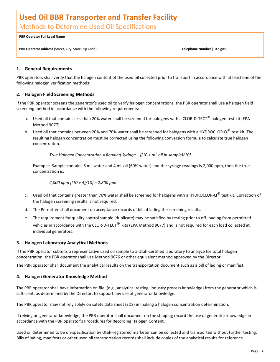 Used Oil Permit by Rule Transporter and Transfer Facility Notification - Utah, Page 7